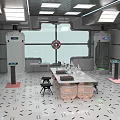 Cartoon Scene of Futuristic Control Room With Metallic Walls Large Windows White Table Black Chairs And Screens