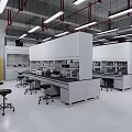 Modern Laboratory Interior with White Fume Hoods Yellow Storage Cabinets Lab Benches And Black Stools