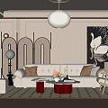 French Middle-style Living Room Sofa Coffee Table Combination Screen Side Cabinet Decorative Painting Chandelier 3d model