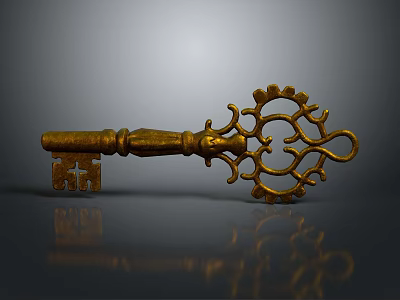 Antique Golden Key With Intricate Gear Pattern On Dark Reflective Surface 3d model