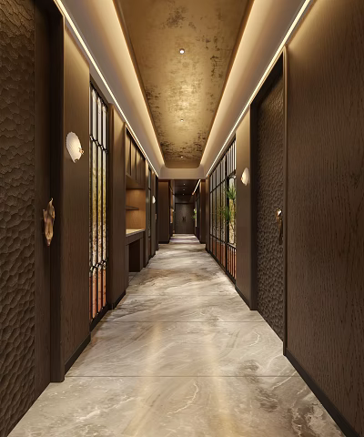 Luxurious Restaurant Corridor With Dark Walls Decorative Screens Marble Floor And Plants 3d model