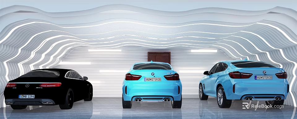 Modern Indoor Parking With Wavy White Walls Ambient Lighting And Parked Black Blue Cars 3d model 