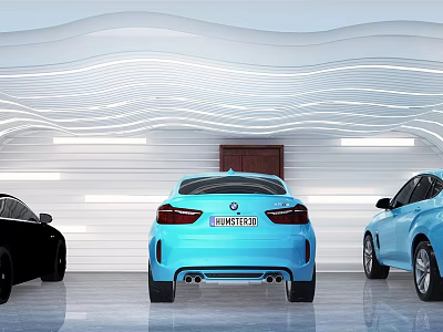 Modern Indoor Parking With Wavy White Walls Ambient Lighting And Parked Black Blue Cars 3d model