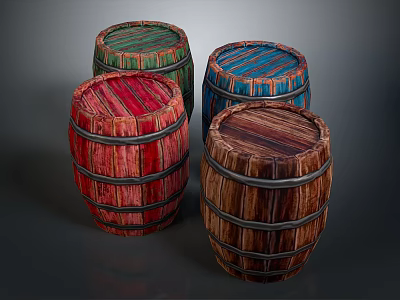 Decorative Wooden Barrels In Red Green Blue Brown Colors With Metal Hoops 3d model