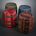 Decorative Wooden Barrels In Red Green Blue Brown Colors With Metal Hoops