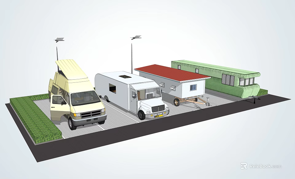 Different Types of Recreational Vehicles Parked with Streetlights and Grass Area 3d model 