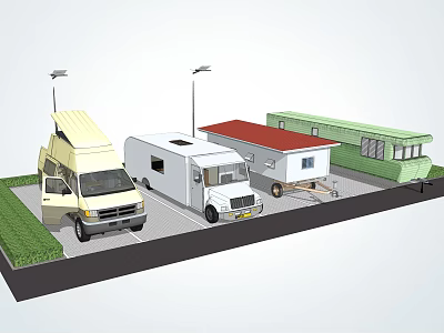 Different Types of Recreational Vehicles Parked with Streetlights and Grass Area 3d model