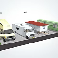 Different Types of Recreational Vehicles Parked with Streetlights and Grass Area