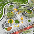 Park Landscape With Circular Designs Green Lawns Curved Paths Yellow Seats Red Walkways And Trees
