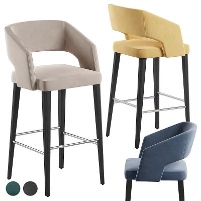 Modern Velvet Bar Stools Beige Yellow Blue with Armrests Black Tall Legs Metal Footrests 3d model
