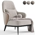 Comfortable Beige Linen Lounge Chair With Soft Pillow And Cozy Knit Blanket