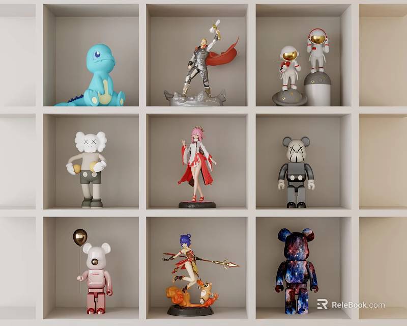 Dolls Displayed on White Cubby Shelf with Various Styles Including Astronaut and Animal 3d model 
