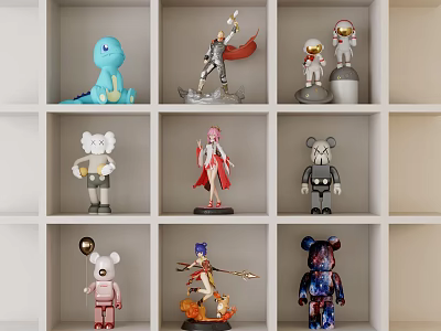 Dolls Displayed on White Cubby Shelf with Various Styles Including Astronaut and Animal 3d model