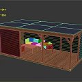 Cartoon Style Wooden Gazebo With Blue Solar Panel Roof Sofa Table Chairs And Black Shutters