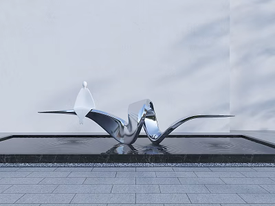 Modern Silver Metal Sculpture With Flowing Curves In Water Pool And White Wall Background 3d model