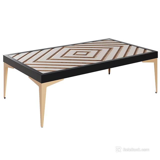 Modern Coffee Table With Geometric Brown White Pattern Black Frame And Golden Legs 3d model 
