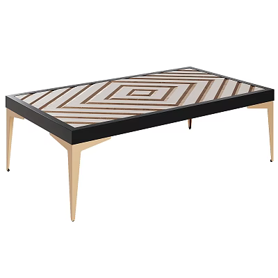 Modern Coffee Table With Geometric Brown White Pattern Black Frame And Golden Legs 3d model