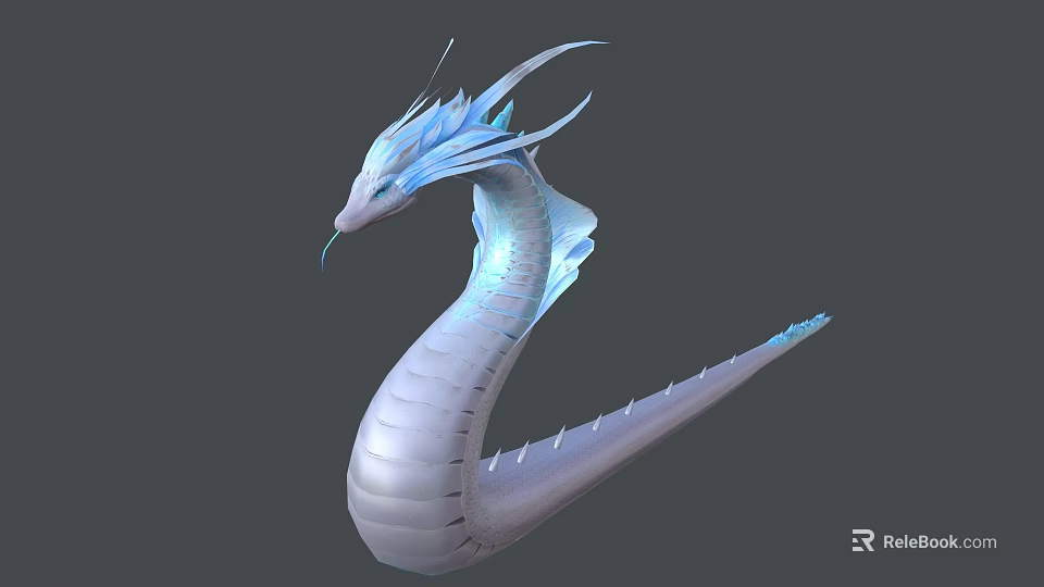 Mythical Reptile 3D Model With White Blue Scales Horns Fins And Long Body 3d model 