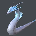 Mythical Reptile 3D Model With White Blue Scales Horns Fins And Long Body