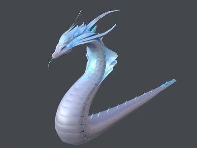 Mythical Reptile 3D Model With White Blue Scales Horns Fins And Long Body 3d model