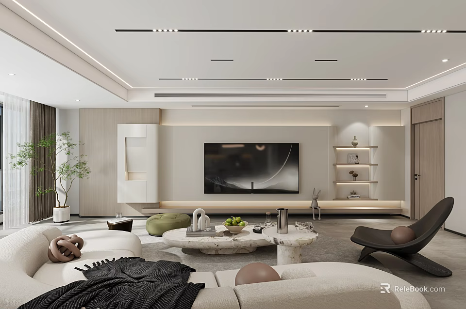 Modern Living Room Interior Design With White Sofa TV Coffee Table And Decorative Shelves 3d model 