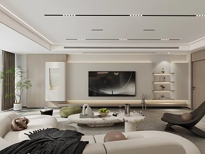 Modern Living Room Interior Design With White Sofa TV Coffee Table And Decorative Shelves 3d model