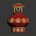 Red Chinese Lantern With Golden Decorative Patterns And Umbrella Shaped Top