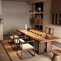 Chinese Style Wooden Tea Table and Chairs with Potted Plant and Hanging Lamp Decor