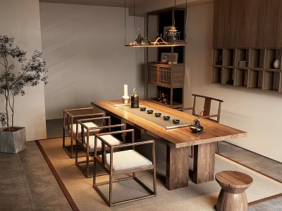 Chinese Style Wooden Tea Table and Chairs with Potted Plant and Hanging Lamp Decor 3d model