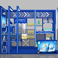 Blue Exhibition Booth Design With Display Shelves Digital Screens And Products