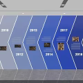 Blue and White Partition Wall Featuring Timeline Years and Historical Photos for Exhibition