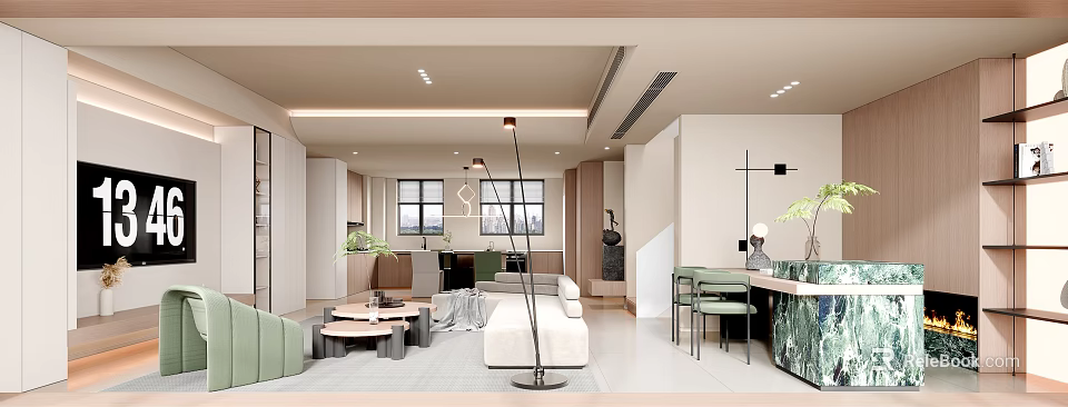 Modern Dining and Living Room Interior Design With Sofa Coffee Table And Dining Chairs 3d model 