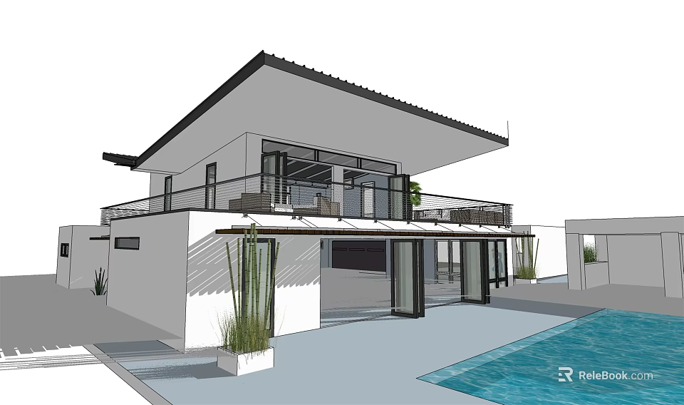 Modern Detached Villa With Flat Roof Large Windows Glass Doors And Swimming Pool 3d model 