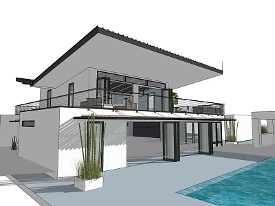 Modern Detached Villa With Flat Roof Large Windows Glass Doors And Swimming Pool 3d model