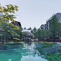Residential Landscape View From Indoor Large Glass Windows With Trees Pond And Stone Arch Bridge