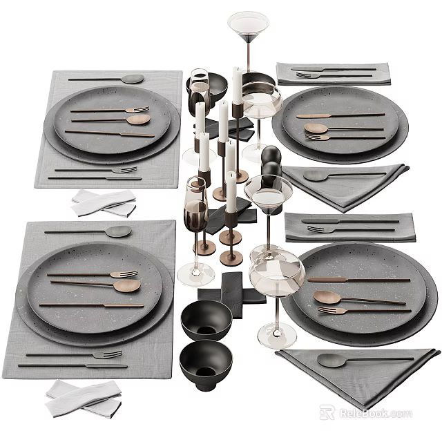 Modern Tableware Set With Plates Cutlery Glasses Napkins And Stylish Arrangement 3d model 