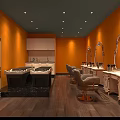 Elegant Beauty Hair Salon Interior With Orange Walls Gray Ceiling White Vanities Mirrors And Chairs