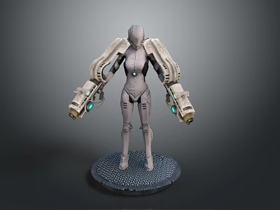 Game Movie Character With Mechanical Body Glowing Blue Lights And Robotic Arms Standing On Base 3d model