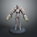 Game Movie Character With Mechanical Body Glowing Blue Lights And Robotic Arms Standing On Base