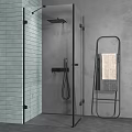 Modern Shower Head in Glass Enclosure with Tiled Wall and Towel Rack