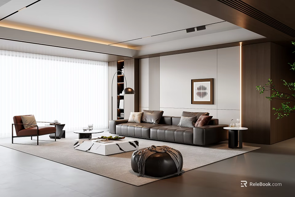 Elegant Modern Living Room Design With Leather Sofa Coffee Table Floor Lamp Rug And Artwork 3d model 