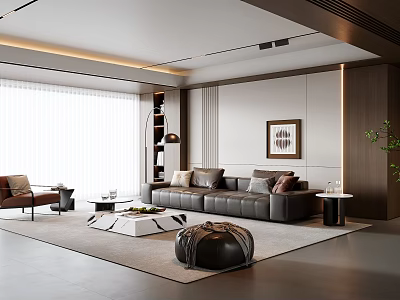 Elegant Modern Living Room Design With Leather Sofa Coffee Table Floor Lamp Rug And Artwork 3d model