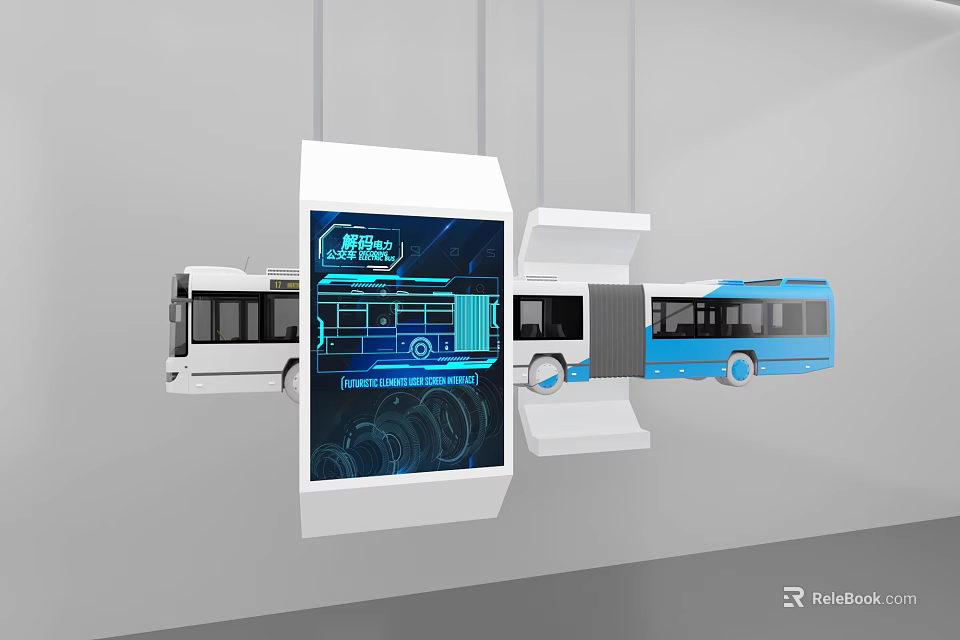 Bus Design Display With Blue White Models And Technical Illustration On Screen 3d model
