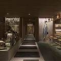 Traditional Japanese Restaurant Interior With Wooden Structure Hanging Lanterns Circular Decor Benches And Bar Stools