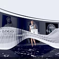 Modern White Curved Reception Desk With Marble Floor And Portrait Paintings