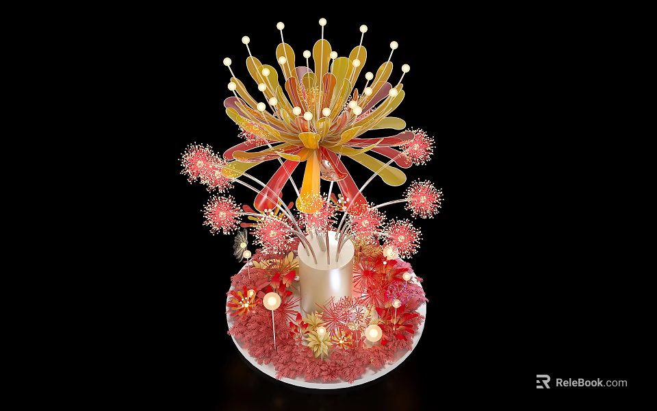 Artistic Floral Display With Red Yellow Decorative Flowers And Ornamental Balls In Vase 3d model 