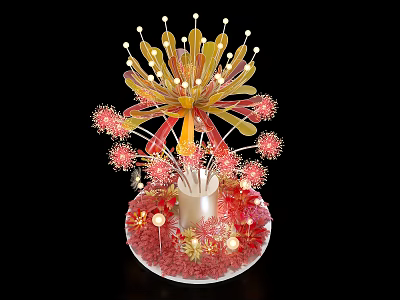 Artistic Floral Display With Red Yellow Decorative Flowers And Ornamental Balls In Vase 3d model
