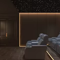 Luxurious Home Theater With Starry Ceiling Dark Wooden Walls Blue Leather Recliner Sofas And Large Screen