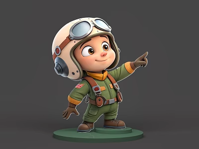 Boy In Green Flight Suit With Helmet Goggles Pointing Right Hand Smiling On Green Base 3d model