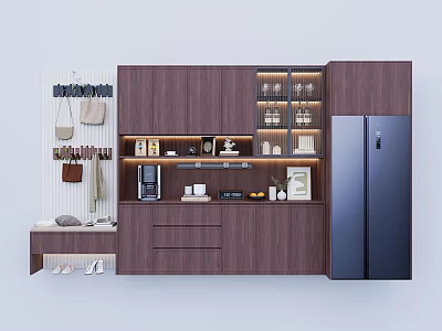 Modern Wine Cabinet With Dark Wood Finish Glass Shelves And Wine Glass Storage Design 3d model